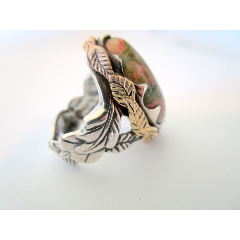 Vintage Sterling Silver Ornate Ring Size 6 Ladybug Garden Leaves Green Stone - Picture 4 of 7